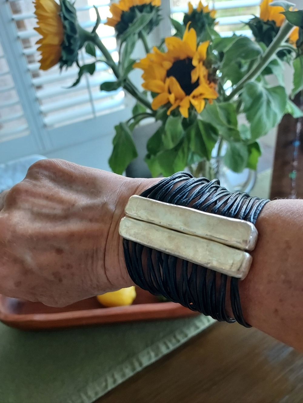 Chunky Black Leather Wrap Bracelet with  Silver Bars Magnet Closure